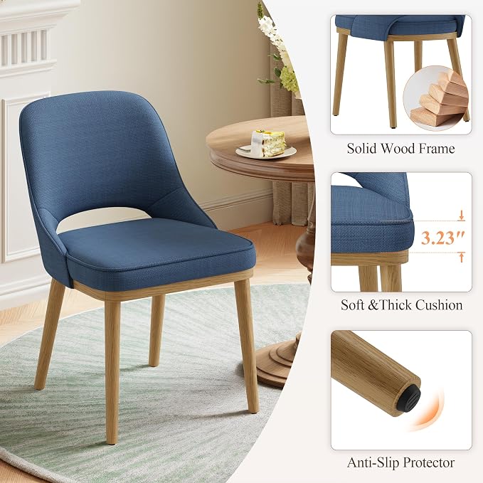 Modern Upholstered Dining Chairs Set of 6, Open Back with Solid Wood Legs, Ergonomic Curved Back Fabric Kitchen Chairs for Dining Room & Kitchen, Living Room Side Chairs, Farmhouse, Blue