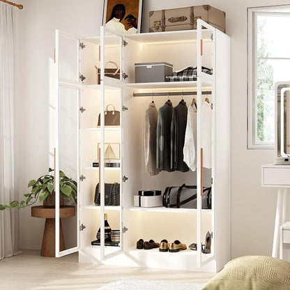 Wardrobe Cabinet with LED Lights, Armoire Closet with Glass Doors, Wooden Large Wardrobe with Hanging Rod & 5 Tiers Shelf, Modern Bedroom Armoire Clothes Organizer, White 47.2" W