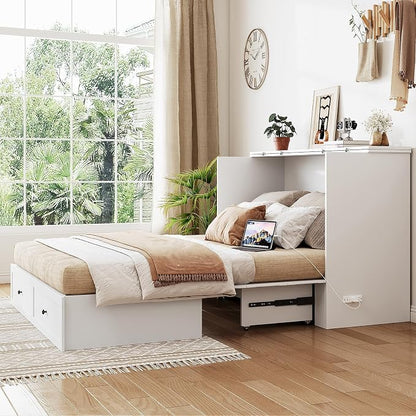 LIVAUVEAD Queen Murphy Bed with Drawer Storage & Charging Station, Murphy Bed Cabinet with Foldable Panel, for Guest Bedroom, Living Room, Office, White