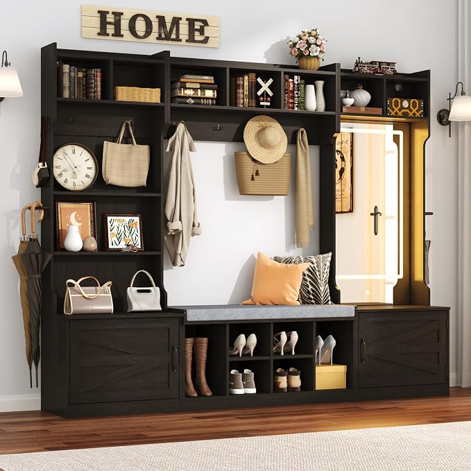 chartustriable 71''H 86.6''W Large LED Farmhouse Hall Tree with Bench and Shoe Storage,Entryway Bench with Coat Rack,12 Shoe Cubbies & Umbrella Holder,Mudroom/Hallway Storages Cabinet(Black)