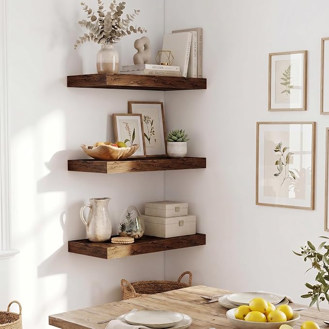 Fun Memories Wood Floating Shelves 20 Inch, 10 Inch Deep Shelves Wall Mount, Wall Shelves with Invisible Bracket, 20" Floating Shelves for Living Room Bathroom Bedroom, Rustic Brown, Set of 3