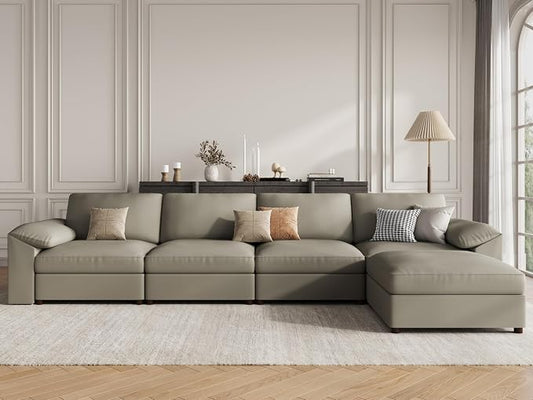 EASE MOOSE Oversized Modular Sectional Sofa,Leather Sectional Couch with Deep Seat,Extra Large L Shaped Couch,Modern Comfy Scratch Resistant Faux Leather Material Sofa,Light Grey