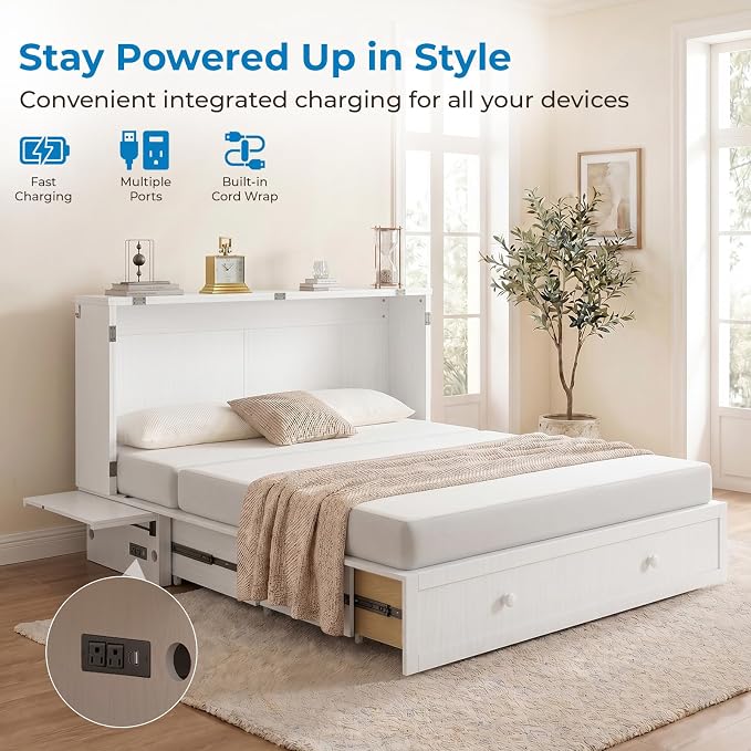 Mjkone Murphy Bed Queen Cabinet Bed with Tri-fold Mattress and Built-in USB Charging, 2 Drawers, Bedside Panel, Hidden Guest Beds, Murphy Cube Chest Cabinet Beds for Bedroom, Apartment - White