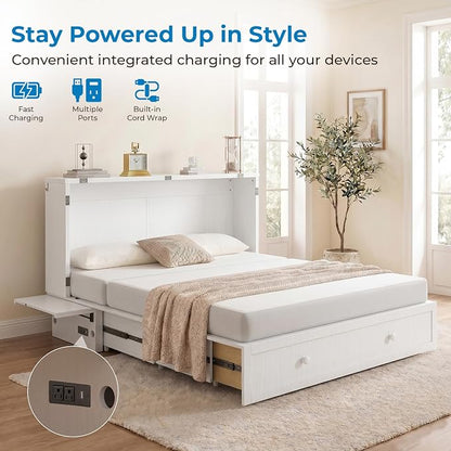 Mjkone Murphy Bed Queen Cabinet Bed with Tri-fold Mattress and Built-in USB Charging, 2 Drawers, Bedside Panel, Hidden Guest Beds, Murphy Cube Chest Cabinet Beds for Bedroom, Apartment - White