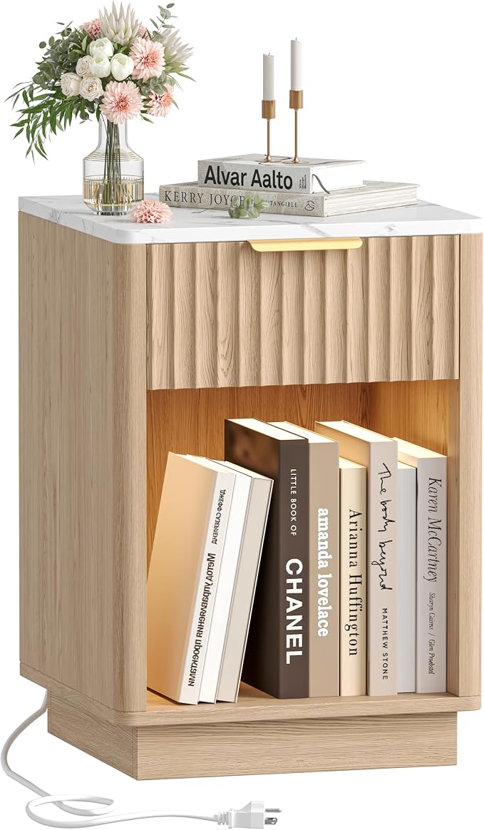 Akxomel Fluted Nightstand, Wooden Night Stand with Charging Station and LED Light, Modern Bedside Table with Drawer and Faux Marble Top, 15" D x 15.7" W x 22.6" H, for Bedroom, Natural Oak and White