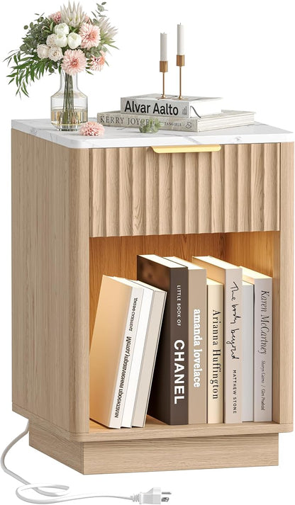 Akxomel Fluted Nightstand, Wooden Night Stand with Charging Station and LED Light, Modern Bedside Table with Drawer and Faux Marble Top, 15" D x 15.7" W x 22.6" H, for Bedroom, Natural Oak and White