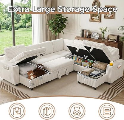 Modular Sectional Sleeper Sofa with Pull Out Bed, Plush Corduroy L Shaped Couch with Storage Chaise, USB Ports, Cup Holders, Comfy Cloud Couches for Living Room, Beige