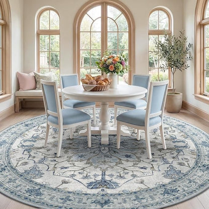 RELEANY Area Rugs Round 8ft Washable Non-Slip, Floral Vintage Distress Medallion Carpet for Living Room Bedroom Dining Room, Light Blue Navy Gray White