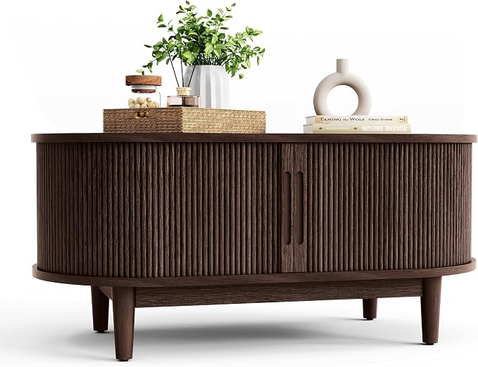 LINSY HOME Oval Coffee Table, Wood Coffee Table with Storage, Fluted Accent Center Table with Sliding Tambour Door, 39" Mid Century Modern Coffee Tables for Living Room, Bedroom, Apartment, Walnut