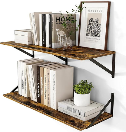 Heimlove Deep Floating Shelves for Wall, 32W x 12D Wood Wall Shelves Set of 2, Wide Floating Bookshelf for Living Room, Kitchen, Office, Bedroom and Decor Storage, with Metal Bracket - Rustic Brown