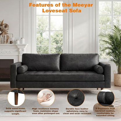 70" Mid-Century Modern Sofa Couch – Faux Leather Loveseat Sofa with Deep Seat & Solid Wood Frame – Includes 2 Accent Pillows – Black Living Room Bedroom Office (Black, 70 inches)