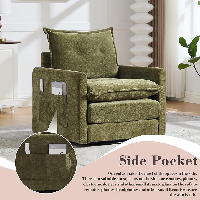 Swivel Accent Chair, Modern Swivel Barrel Chair for Living Room, 360 Degree Comfy Square Accent Barrel Chair, Upholstered Sofa Armchair for Bedroom,Reading, Chenille, Olive Green