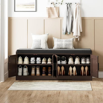 Homleke 2-Tier Storage Bench, Shoe Bench with Thickened Padded Seat Cushion, Entryway Bench with 4 Doors, Adjustable Shelf, 13.8" D x 45.3" W x 18.5" H, for Entryway, Living Room, Bedroom, Brown