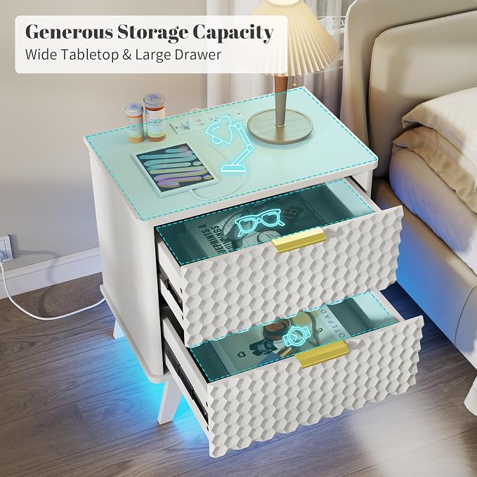 LVSOMT Smart Nightstand with Charging Station and LED Lights, 23.62" Wide Night Stand with 2 Drawers, Motion Sensor Motion-Activated Underlight, Honeycomb Bedside Table for Bedroom, White