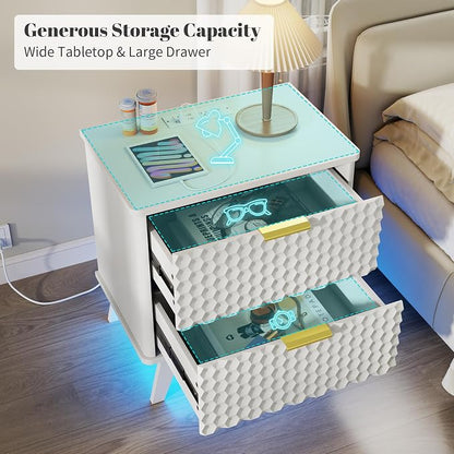 LVSOMT Smart Nightstand with Charging Station and LED Lights, 23.62" Wide Night Stand with 2 Drawers, Motion Sensor Motion-Activated Underlight, Honeycomb Bedside Table for Bedroom, White
