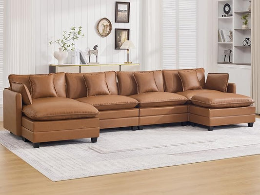 147'' Sectional Cloud Deep Seat Couch, Oversized Leather U Shaped Sectional Sofa for Living Room Set, Comfy Upholstered Modular Sectional Sofa Couch with Movable Ottoman, Leather Light Brown
