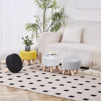 Wimarsbon Small Ottomans, 100% Hand Knitted Pouf Ottoman, Round Footrest with 4 Non-Skid Wood Legs, Boho Décor Cotton Rope Pouffe Beside Sofa, Leisure Floor Step Chair for Living Room (Grey)