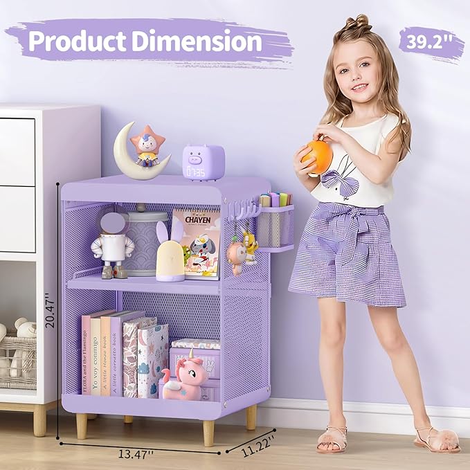 SYKIARIOL Kids Nightstand for Girls, Metal Bedside Table with 4 Hooks & Hanging Basket, 3-Tier Storage Shelf, Toddler Night Stand for Bedroom, Purple