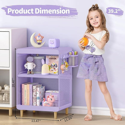 SYKIARIOL Kids Nightstand for Girls, Metal Bedside Table with 4 Hooks & Hanging Basket, 3-Tier Storage Shelf, Toddler Night Stand for Bedroom, Purple