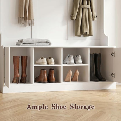 Hall Tree with Bench and Shoe Storage, 5-in-1 Entryway Coat Rack with LED Sensor Light, Hooks and Storage Cubes, Shoe Cabinet with Fluted Door, Modern Hall Tree for Entryway, Living Room