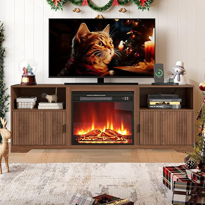 Fireplace TV Stand for Television up to 80 Inch,Entertainment Center with Adjustable Shelf,Mid-Century Modern Fluted TV Stand with 23" Electric Fireplace,Media Console for Living Room,Bedroom