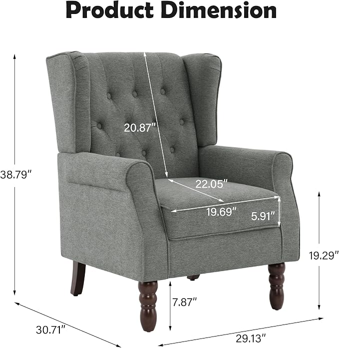 Pia Ricco Mid-Century Modern 2-Piece Wingback Chair Set - Plush Upholstered Accent Chairs with Solid Wood Legs, High Back Lounge Seating for Living Room, Bedroom & Office - Retro Matched Pair (Gray)