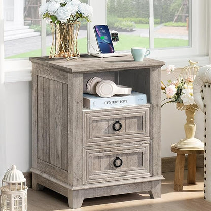 Joaxswe 18" Farmhouse Night Stands Set of 2 with Charging Station, 2 Drawers End Table Dresser for Bedroom, Oak Wooden Nightstand, Bed Side Table with Open Shelf, Bedside Cabinet for Living Room