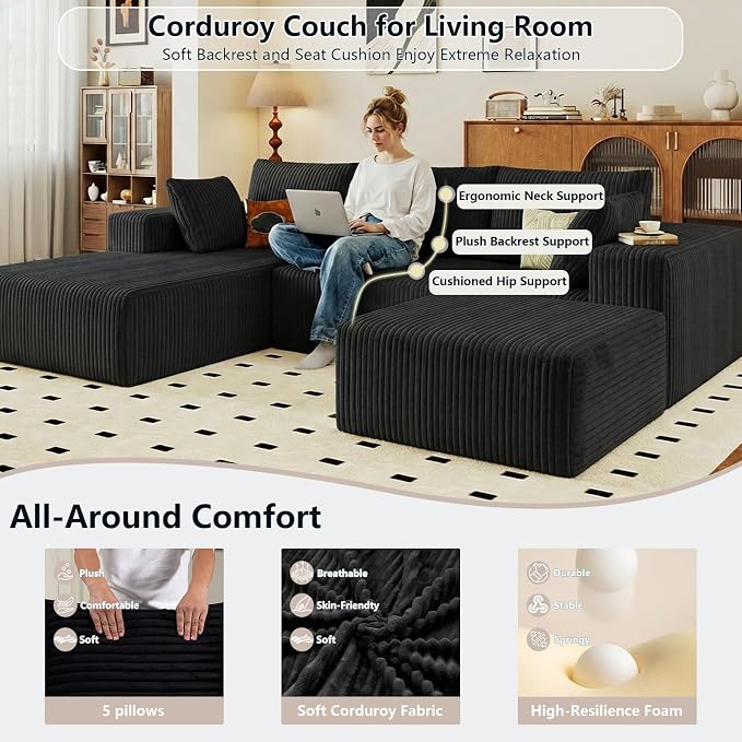95" Cloud Sectional Couch U-Shaped Chaise with Ottoman, Corduroy Boneless Couch for Living Room Bedroom, Deep-Seat Upholstered Modular Cloud Sofa, No Assembly Required (Black, Left Facing Chaise)