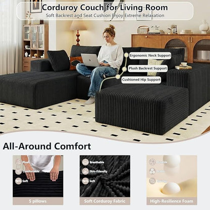 95" Cloud Sectional Couch U-Shaped Chaise with Ottoman, Corduroy Boneless Couch for Living Room Bedroom, Deep-Seat Upholstered Modular Cloud Sofa, No Assembly Required (Black, Left Facing Chaise)