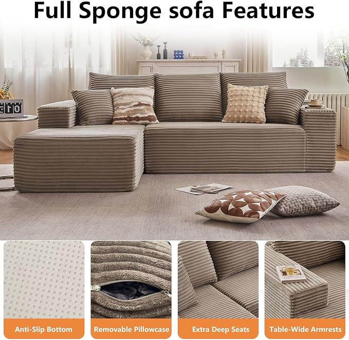 96" Modular Sectional Sofa, Modern Corduroy Cloud Couch with Deep Seat, Boneless Couch Upholstered 3-Seater L-Shaped Sofa for Living Room, No Assembly Required (Camel, Left-Facing Chaise)