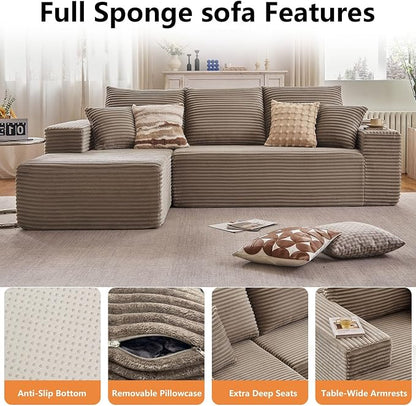96" Modular Sectional Sofa, Modern Corduroy Cloud Couch with Deep Seat, Boneless Couch Upholstered 3-Seater L-Shaped Sofa for Living Room, No Assembly Required (Camel, Left-Facing Chaise)