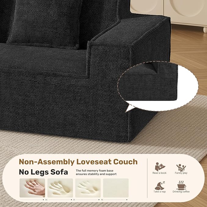 Luxanimarion 77'' Modern Small Loveseat, No Assembly Required Cloud Sofa Cloud Sofa Boneless Couches with 2 pcs Pillows for Living Room, Apartment(Polar Fleece-Black)