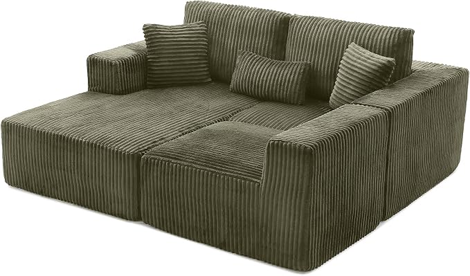 L Shaped Modular Boneless Sectional Couches for Living Room, Wide Armrest, Deep Seat, Memory Foam, Assembly Free, Modern Comfy Corduroy Fluffy Cloud Sofa with Left Chaise, Green