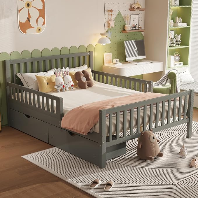 Bellemave Kids Full Bed Frame with Fences and 2 Drawers, Full Size Wooden Platform Bed with Guardrails on Both Sides for Boys Girls, Grey