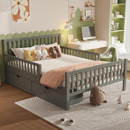 Bellemave Kids Full Bed Frame with Fences and 2 Drawers, Full Size Wooden Platform Bed with Guardrails on Both Sides for Boys Girls, Grey