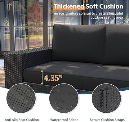 UDPATIO Patio Furniture Set, Outdoor Wicker Sectional Sofa with 8'' Wide Armrests, 6 Piece Modular Patio Conversation Set with Coffee Table for Backyard, Deck, Garden, Black