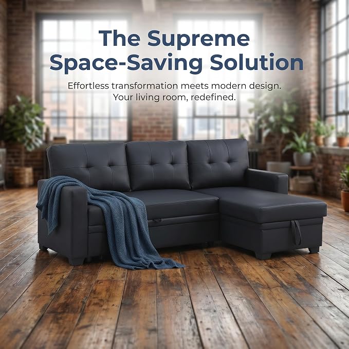 Pull Out Couch, L Shaped Sectional Couch with Pull Out Bed, Convertible Sofa Bed with Storage Chaise, Twin Size Sleeper Sofa, Sofa Bed Couch, Sleeper Sofa with Storage, Black