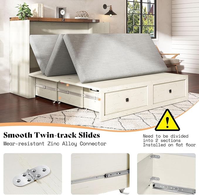 AMERLIFE Queen Murphy Bed with Storage & Charging Station, Farmhouse Murphy Cabinet with Foldable Panel, Noisy Free, for Guest Bedroom, Living Room, Office, Distressed White