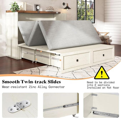 AMERLIFE Queen Murphy Bed with Storage & Charging Station, Farmhouse Murphy Cabinet with Foldable Panel, Noisy Free, for Guest Bedroom, Living Room, Office, Distressed White