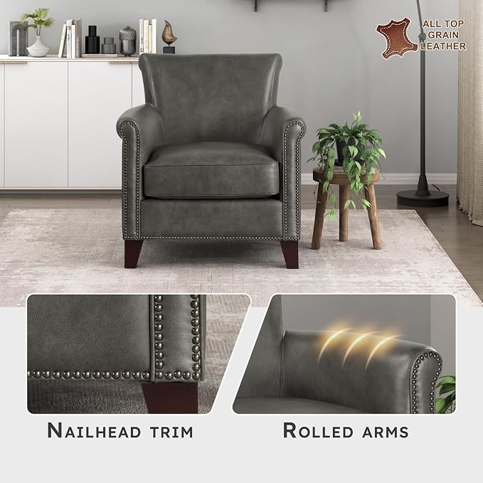 Lexicon 100% Top Grain Genuine Leather Chair, Leather Accent Chairs for Living Room, Solid Wood Frame, Rolled Armrest & Nailhead Trim, Comfy Reading for Bedroom, Office, Waiting Room, Gray