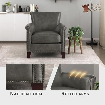 Lexicon 100% Top Grain Genuine Leather Chair, Leather Accent Chairs for Living Room, Solid Wood Frame, Rolled Armrest & Nailhead Trim, Comfy Reading for Bedroom, Office, Waiting Room, Gray