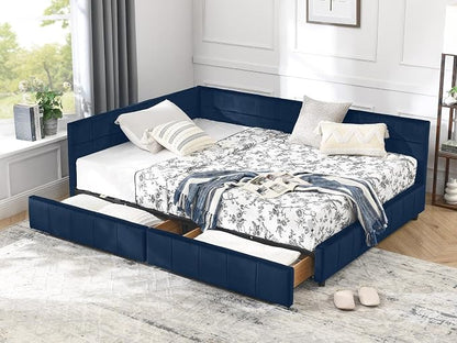 KEIKI Full Size L Shape Corner Bed Frames with 2 Storage Drawer, Backrest and Armrests, Velvet Upholstered Sofa Daybed for Small Room, Living Room, Bedroom, Guest Room, Kids' Room