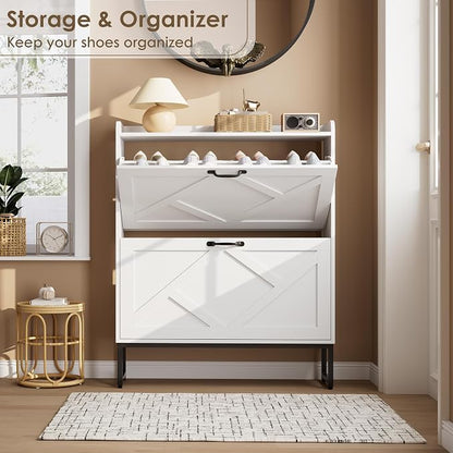 Nicetree Shoe Cabinet with 2 Flip Drawers, Freestanding Shoe Organizer, Shoe Cabinet with Metal Legs, Narrow Shoe Rack Cabinet for Entryway, Foyer, Hallway, White