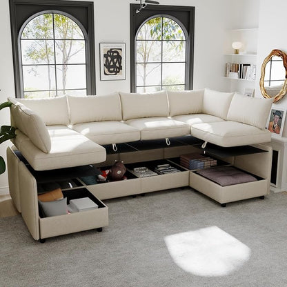 129-Inch U-Shaped 6 Seat Modular Sofa Deep Seat Storage Sectional Sofa Couch Free Combination with Movable Ottomans ,6 Seat Chenille Upholstered U-Shaped Convertible Sleeper Couch for Home Apartment | Space Saving