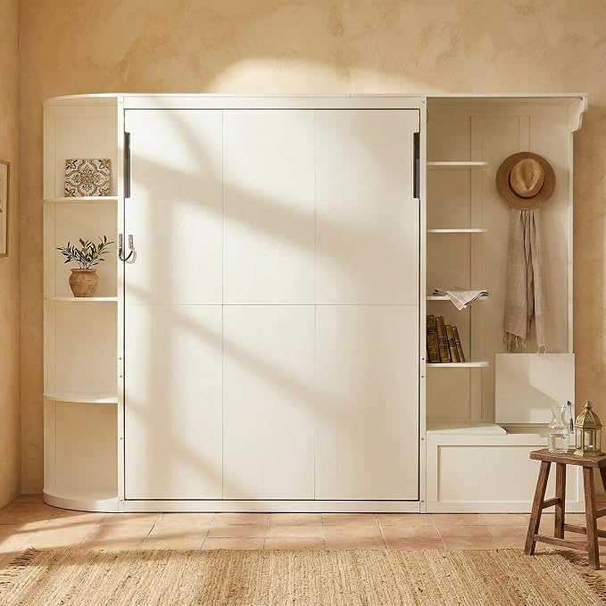 Murphy Bed Queen Size,Murphy Bed with Storage & Lights,Wall Bedframe w/Hidden Fold-Out Legs & Built-in Shelves & Cabinets，Hook,Space-Saving,White