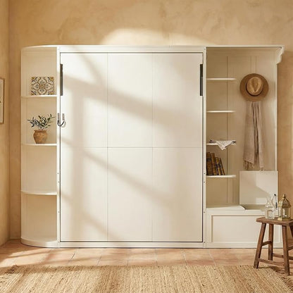 Murphy Bed Queen Size,Murphy Bed with Storage & Lights,Wall Bedframe w/Hidden Fold-Out Legs & Built-in Shelves & Cabinets，Hook,Space-Saving,White