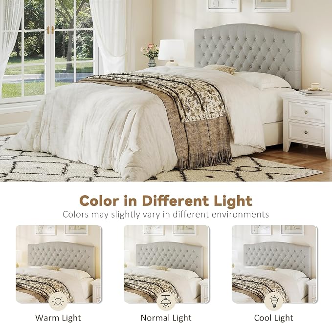 Queen Headboard Only, Linen Classic Tufted Design, Gray Linen | 2 installation options: 1.bed frame mount 2.wall mount (for adjustable bed), Classic hand-tufted headboard king size