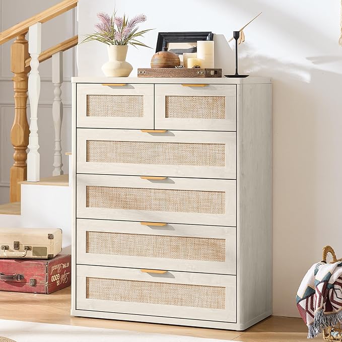 LEYAOYAO White Dresser for Bedroom Set of 2, 41" Tall Chest of Drawers, Modern 6 Drawers Boho Rattan Dressers with Storage, Dresser Wooden Closet Organizer for Living Room, Hallway