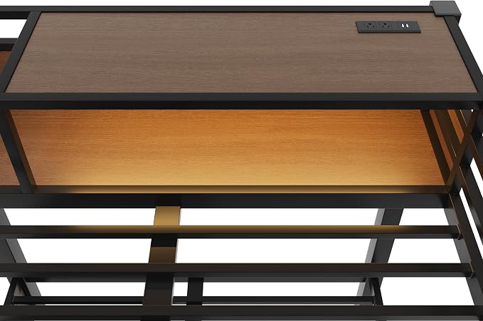 Bellemave Bunk Bed Full Over Full，Metal Bunk beds with Storage Shelves, LED Light Strip, and USB Power Strip, Upper Bed with Desk, Black