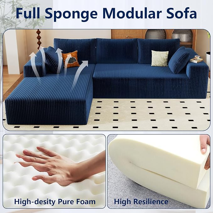 96" Modular Sectional Sofa, Modern Corduroy Cloud Couch with Deep Seat, Boneless Couch Upholstered 3-Seater L-Shaped Sofa for Living Room, No Assembly Required (Blue, Left-Facing Chaise)